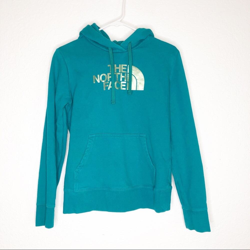 The North Face teal green gold metallic hooded pullover sweatshirt size Small